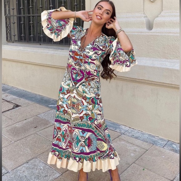 Zara Printed Midi Dress Size Medium - Picture 4 of 11